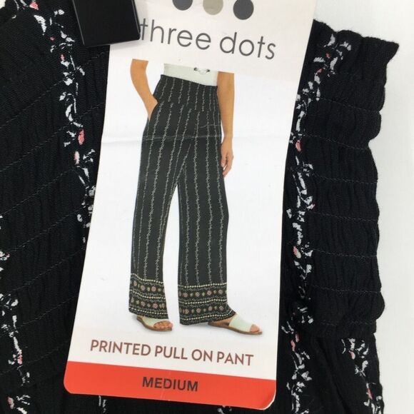 Three Dots Wide Leg Pants Womens Medium Black Floral Border Smocked Waist #M - Picture 9 of 14